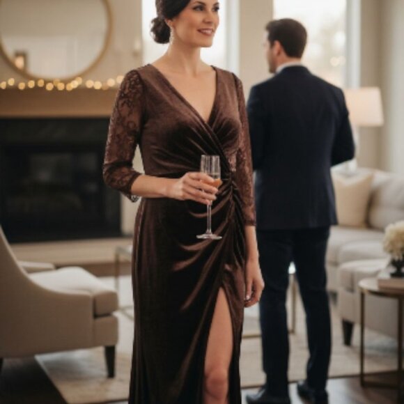 Elegant Deep Brown Velvet Evening Gown – Size 18 – New Without Tags - Picture 1 of 2